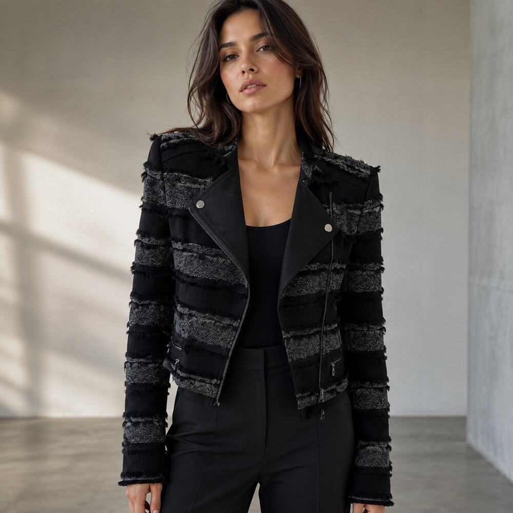 Deconstructed Rare Moto BCBGMAXAZRIA Jaison Black Gray Fringe Jacket ASO Arrow S